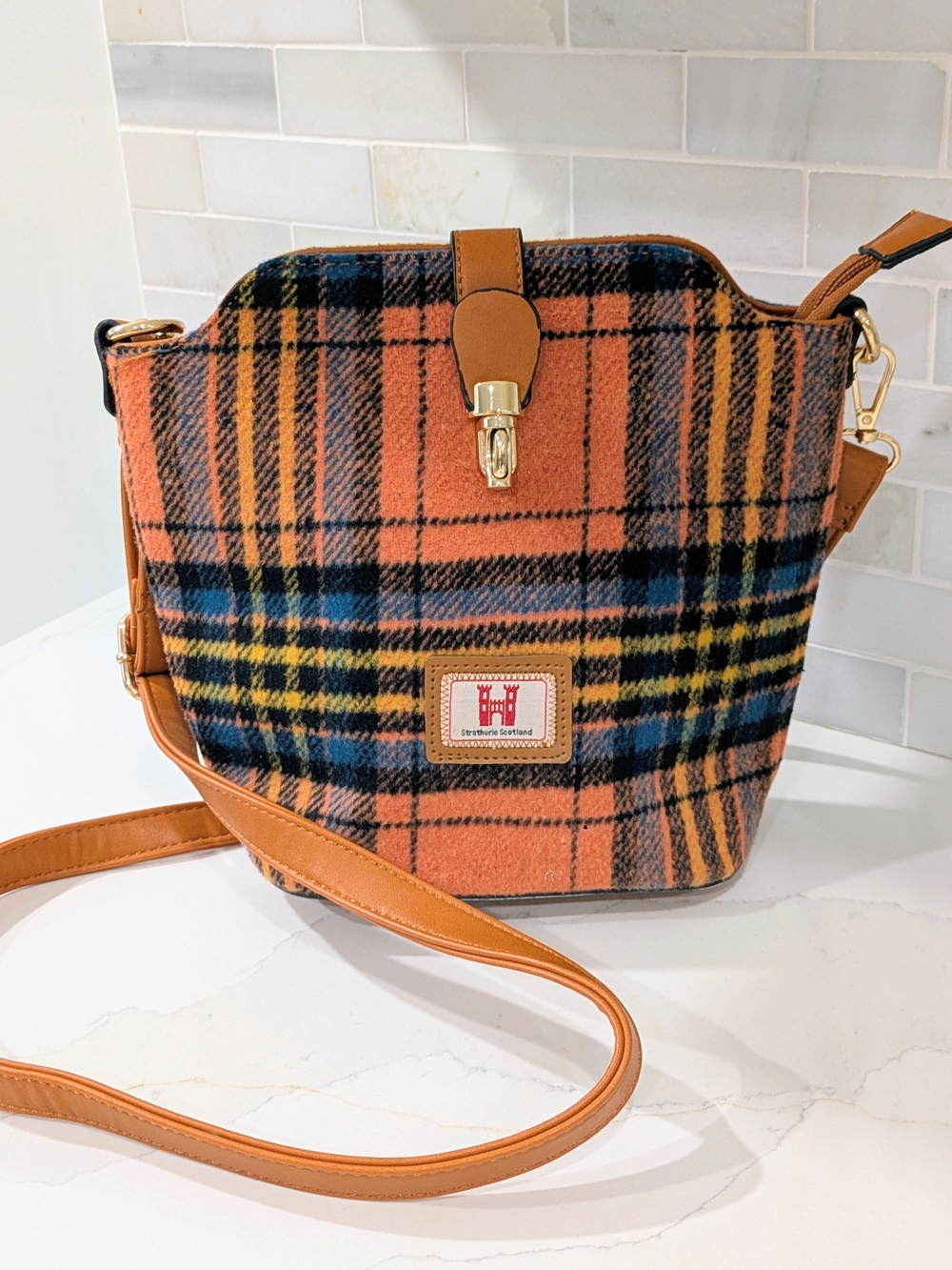 Strathurie Scotland Tweed Crossbody Bag in Orange Tartan